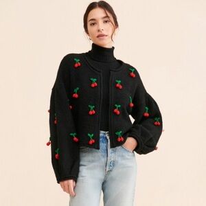 Farm Rio Black Crochet Cherry Cardigan, M